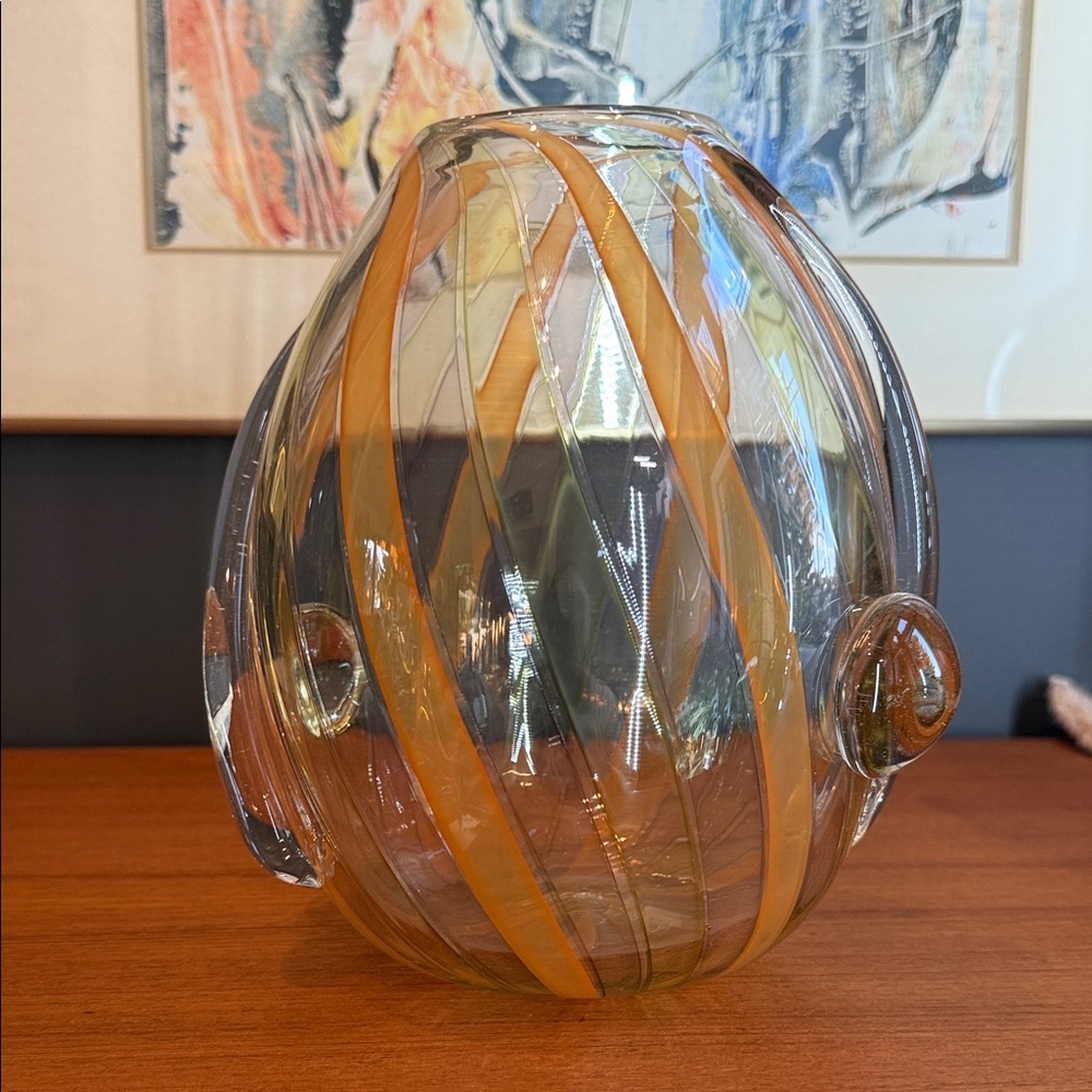Hand Crafted Glass Art Vase with Orange Swirls